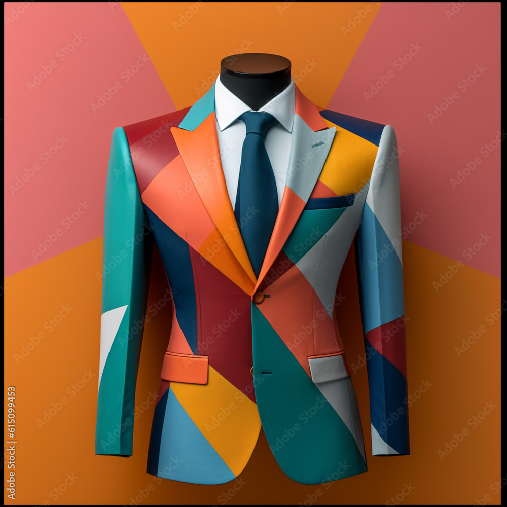 Aufkleber  An artistic representation of a gentleman's tailored suit using geometric elements, with sharply defined angles and color-blocking techniques,  Generative AI technology.