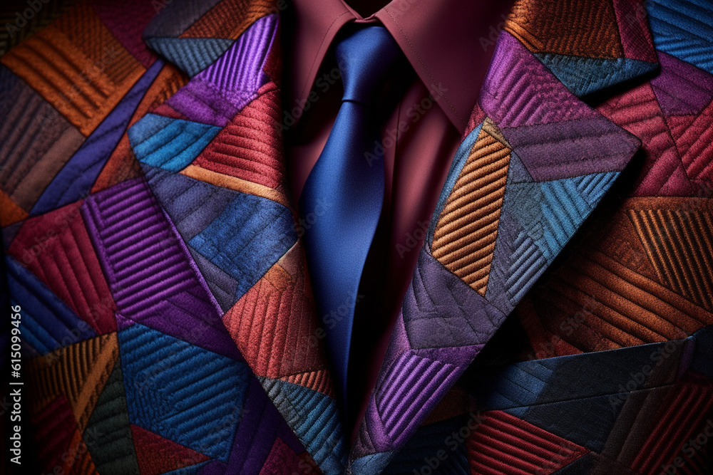 Poster  A series of abstract geometric photographs capturing the play of light and shadow on a gentleman's suit, highlighting the intricate textures and patterns of the fabric. Generative AI technology.