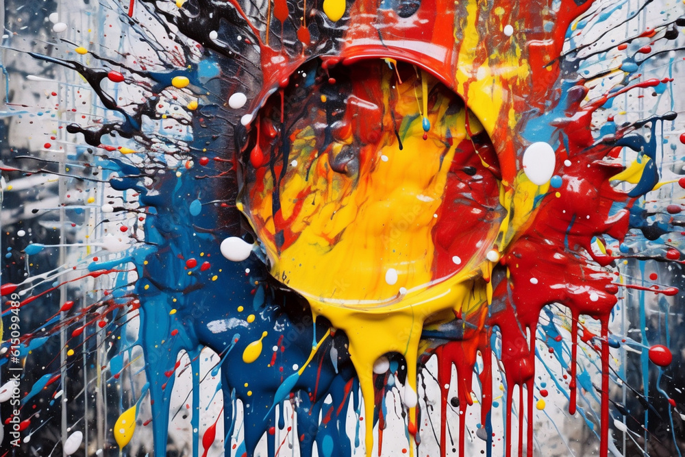 Poster an abstract painting created with aerosol paint, showcasing a dynamic composition of bold lines, dri