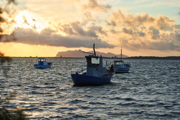 sunset on the Stagnone di Marsale with favignana island in the background
