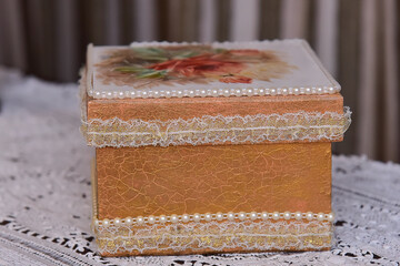 handmade wooden box with lace and painting, decorative box, gift box
