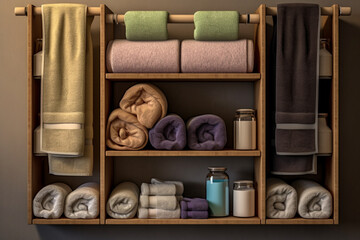 shelf in the bathroom with colorful towels