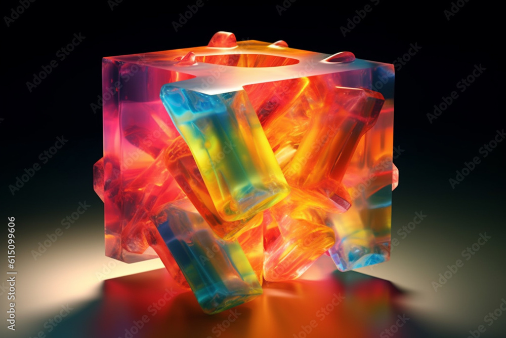 Poster an abstract sculpture crafted from translucent materials, such as glass or resin, with geometric sha