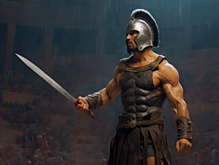 Gladiator in armor. Digital art. Generative AI.