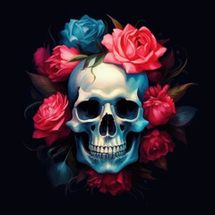 Skull and roses. Digital art. Generative AI.