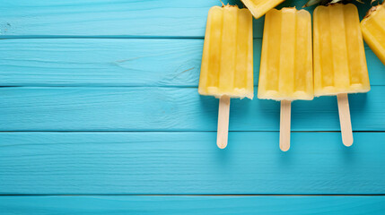 Slice pineapple with sticks on blue wooden background top view for summer fruit concept - obrazy, fototapety, plakaty