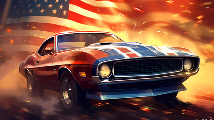 Obraz na płótnie Canvas American Muscle Car with USA Flag