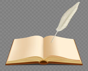 Open book with blank pages and an ink pen for writing. Template isolated on transparent background. Vector illustration