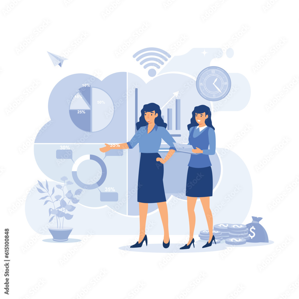 Poster financial data analysis illustration. advisor with client analyzing financial report and calculating
