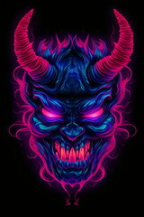 neon glowing pink and blue demon head illustration isolated on black made with generative ai