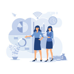 Financial data analysis illustration. Advisor with client analyzing financial report and calculating tax report. flat vector modern illustration 