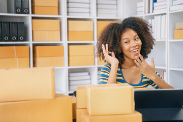 Happy businesswoman smiling at sales success after checking profits from home online store, concept of online commerce and e-commerce.