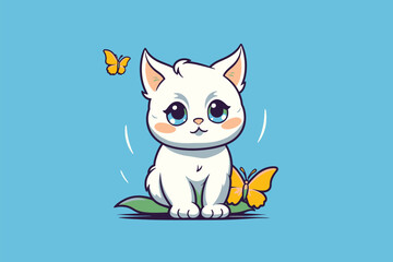 Cute white cat sitting with butterflies on blue background. Vector illustration.