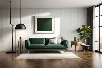 3D Mockup canvas frame in dark green home interior with sofa, fur, table and branch in vase , created with AI