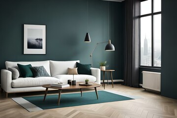 3D Mockup canvas frame in dark green home interior with sofa, fur, table and branch in vase , created with AI