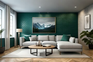 3D Mockup canvas frame in dark green home interior with sofa, fur, table and branch in vase , created with AI
