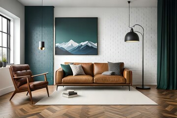 Fototapeta premium 3D Mockup canvas frame in dark green home interior with sofa, fur, table and branch in vase , created with AI