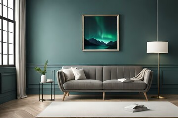 3D Mockup canvas frame in dark green home interior with sofa, fur, table and branch in vase , created with AI
