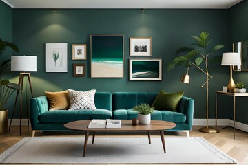 3D Mockup canvas frame in dark green home interior with sofa, fur, table and branch in vase , created with AI