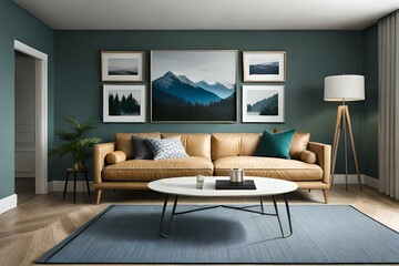 Fototapeta na wymiar 3D Mockup canvas frame in dark green home interior with sofa, fur, table and branch in vase , created with AI