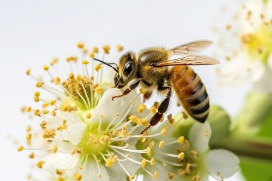 A bee collects pollen from linden inflorescences on a white background.