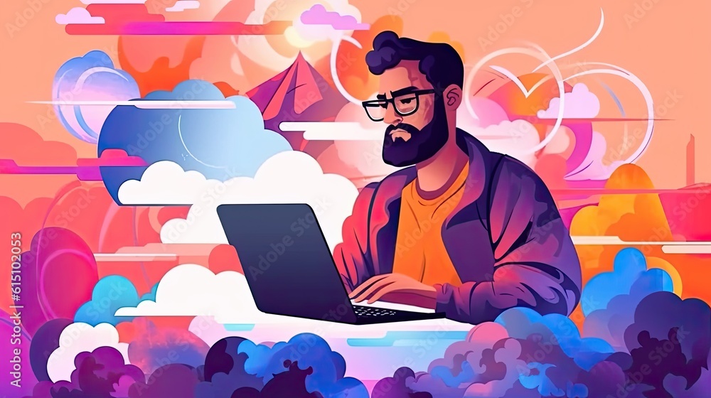 Poster creative professional using a tablet computer flat illustration - generative ai.