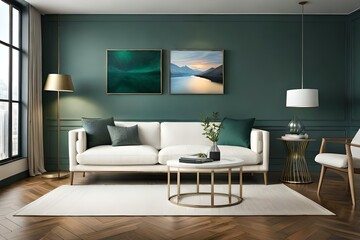 3D Mockup canvas frame in dark green home interior with sofa, fur, table and branch in vase , created with AI