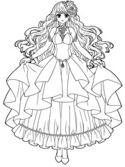 Illustration for coloring book of princess in anime style (full body)