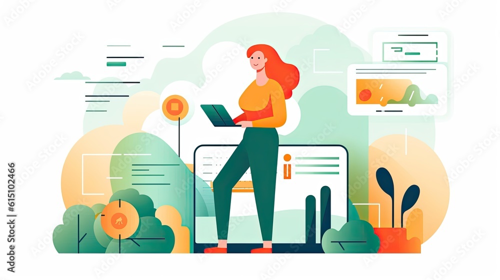 Poster enterpreneur using a tablet computer flat illustration - generative ai.