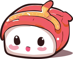 A cute cartoon character with colorful Japanese sushi food, a white background vector.