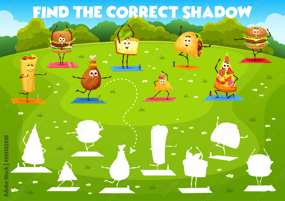 Wall mural find correct shadow, cartoon fast food characters on yoga, vector game worksheet. cheeseburger, taco