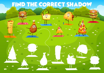 Obraz na płótnie Canvas Find correct shadow, cartoon fast food characters on yoga, vector game worksheet. Cheeseburger, taco and cheesecake with enchilada and pizza on kids quiz puzzle to find and match suitable shadow