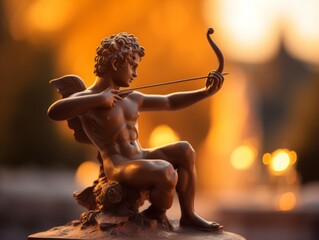 a photo of a great statue of the greek god cupid with a bow and arrow in his hands. beautiful handsome boy with a athletic muscular body. sunset in the background. Generative AI - obrazy, fototapety, plakaty