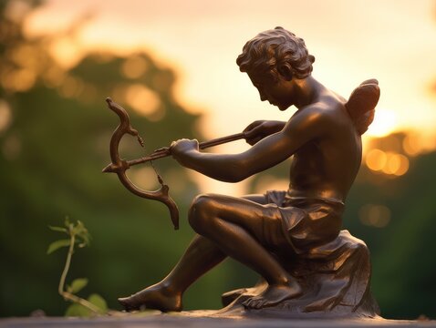 a photo of a great statue of the greek god cupid with a bow and arrow in his hands. beautiful handsome boy with a athletic muscular body. sunset in the background. Generative AI