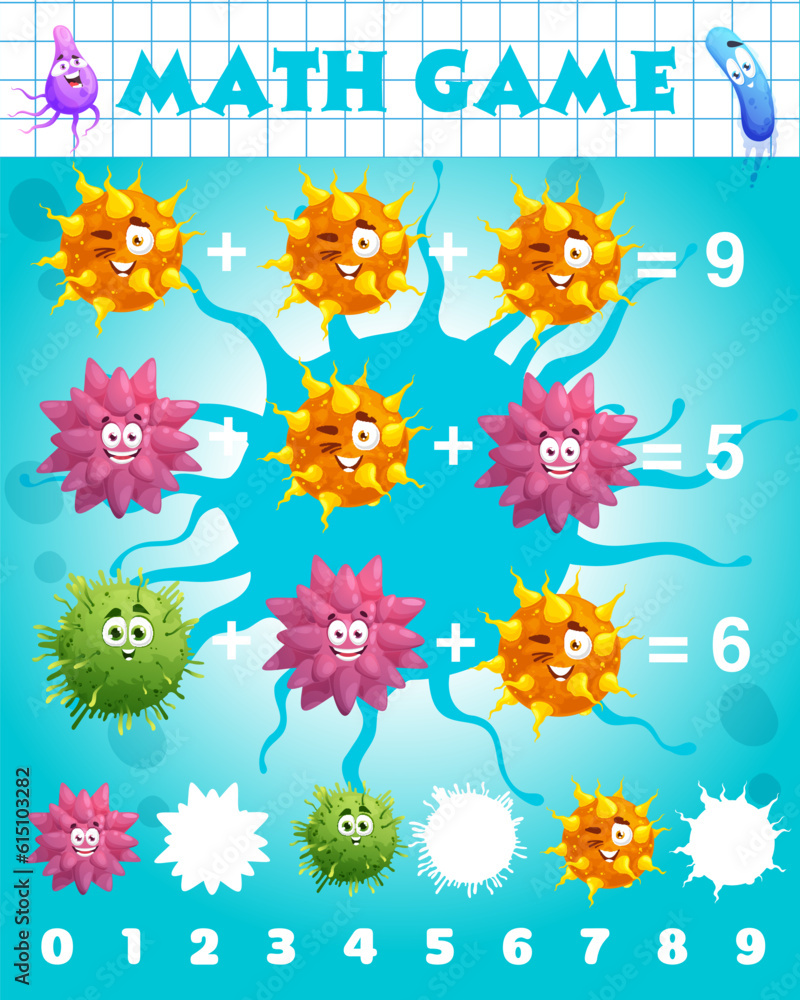Poster cartoon virus and microbe characters, math game worksheet. vector mathematics riddle page for childr