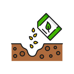 Seed sowing, plant growth agriculture color line icon. Harvest germination outline vector symbol with seeds falling in soil. Plant cultivation or grow, farming and agronomy thin line pictogram