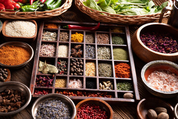 Spices. Collection of spices in bowls on wooden rustic table forming an abstract background.