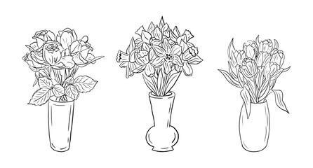 Set of hand drawn outline bouquets of flowers in vases. Tulipses, daffodils, roses. Unique vector isolated sketch illustartion. Perfect for coloring pages, tatoo, background, wrapping paper, border