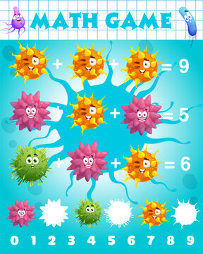 Cartoon virus and microbe characters, math game worksheet. Vector mathematics riddle page for children education and learning arithmetic subtraction equations with funny germs or bacteria, puzzle task