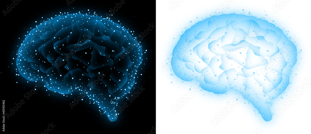 Poster blue brain with particle and sparkle artificial intelligence concept transparent background