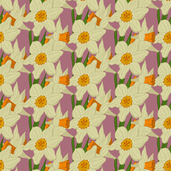 Daffodils seamless pattern with blooming heads. Flat vector flowers on purple background. Ideal for wrapping paper, background, wallpaper, textile, banner, scrapbooking, banner