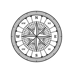 Compass wind rose star, old vintage travel map and nautical navigation vector symbol. Vintage compass with north west and east south direction arrow in wind rose, marine cartography sign