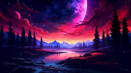 Landscape with moon in a fantasy galaxy (Generative AI)