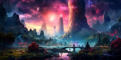 Landscape with clouds and sun in a galaxy (Generative AI)