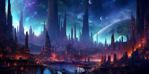 Landscape with moon in an other galaxy (Generative AI)