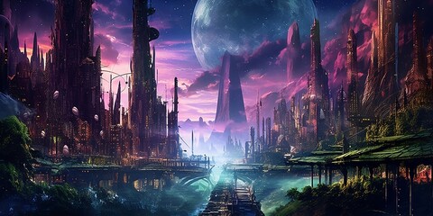 Landscape with moon in a galaxy (Generative AI)