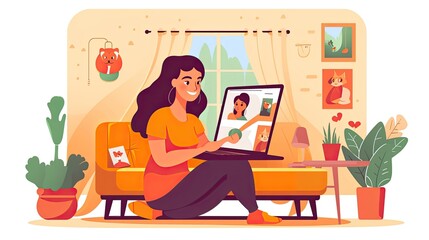 Fototapeta premium Happy woman using a tablet computer flat illustration - Generative AI.