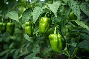 Greenhouse cultivation of green paprika peppers. Generative AI