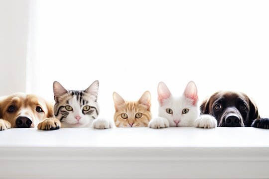 Curious cats and dogs peeking out from behind a white table vet clinic. Generative AI