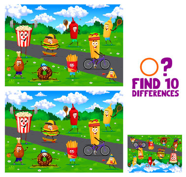 Find ten differences. Cartoon fast food characters on sport vacation. Objects comparing vector gem worksheet with popcorn, hamburger, donut and ketchup, mustard, fries, nacho, personage doing fitness